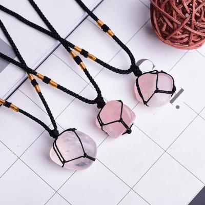 China Environmental Friendly Wholesale Natural Handwoven Net Rose Quartz Crystal Pendant for sale