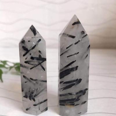 China China Black Tourmaline Polished Black Hair Quartz Crystal Healing Point for sale