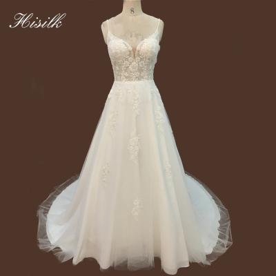 China New Viable Beach Heavily Beaded Wedding Dress Illusion Lace Wedding Dresses A Line Sparkle Wedding Dress for sale