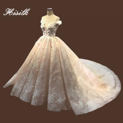 China Luxury Big Ball Gown Wedding Dress Floral White Ivory Blue Long Tail Lace Applique Ball Gown Wedding Dresses Off-Shoulder Viable Factory for sale