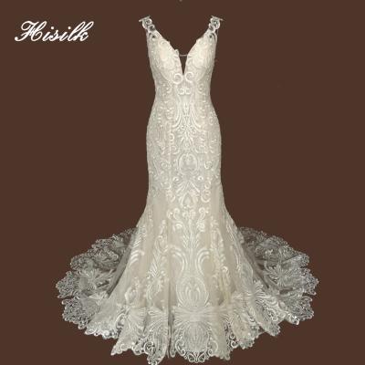 China 2023 Viable China Bridal Women Sequin Fashion Lace Mermaid Wedding Dresses From Canton Wedding Dress Factory With Sheer Back for sale