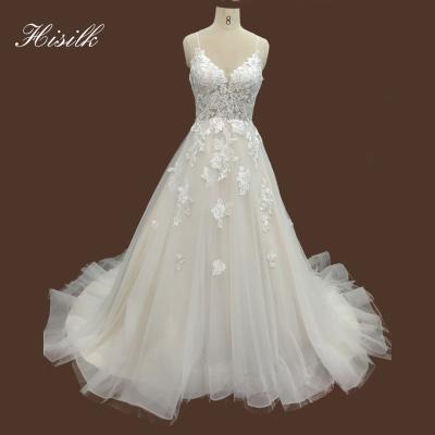 China Viable Bodice Illusion Lace Wedding Dresses With Lace Spaghetti Floral Champagne A Line Style for sale