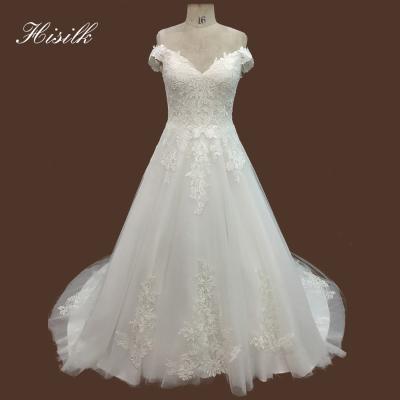 China Hisilk Viable Off The Shoulder Designer A Line Lace Up Top Wedding Dress With Sequin Tulle Ready Made Wedding Dresses for sale