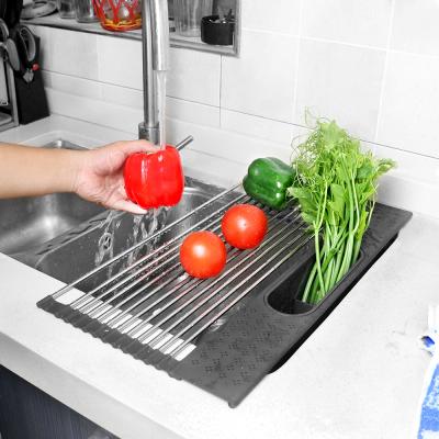 China Silicone Kitchen Stainless Steel Drainage Viable Hot Rolling Plastic Basket Folding Tray Drying Sink Rack for sale