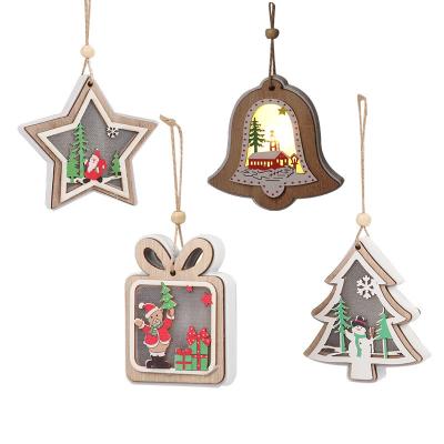 China Chimera Holiday Decorate New Older Pentagon Christmas Light Wooden Christmas Tree Ornaments Pendant for sale