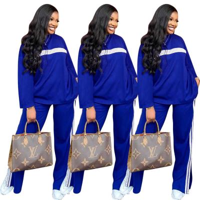 China New Fashionable Amazon Long Sleeve Solid Color Round Loose Leg Stripe Waterproof Casual Two Piece Set Suits Two Piece Set for sale