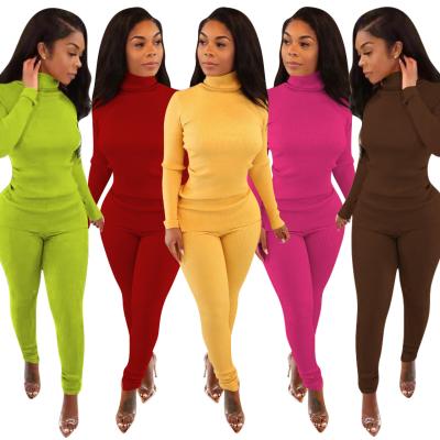 China European and American Women's Clothing Waterproof Long Sleeve Pit Fabric Turtle Neck Two Piece Sets Tights Sweater Two-Piece Set Solid Color for sale