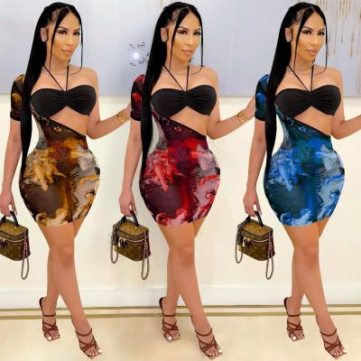 China New Fashion Digital Printed Sleeve Waterproof Irregular Short Bra Halter Irregular Two Piece Dress Sets Women 2 Piece Outfits for sale