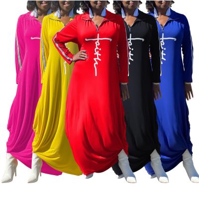 China Wholesale New Fashion Breathable Ladies Lift Up Collar Zipper Dress Loose Dress Long Sleeve Letter Printing Maxi Dress for sale