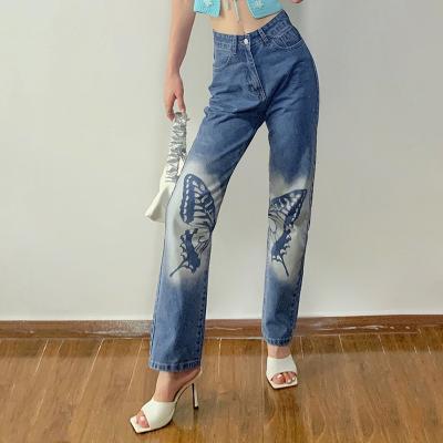 China New Fashion Ladies Jeans Womens Waterproof Basic Straight Denim Female Casual Butterfly Printed High Waisted Jeans Women Jeans for sale