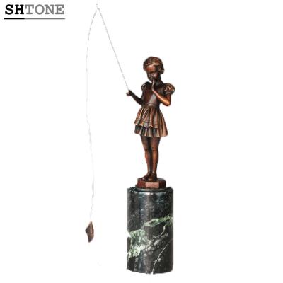 China Europe Fishing Girl Decor Home Sculpture SHTONE Art Child Metal StatueTPE-692 for sale