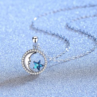 China FASHIONABLE 925 Sterling Silver CZ Diamond Women Girl Half Crescent Moon and Star Pendant Necklace for sale