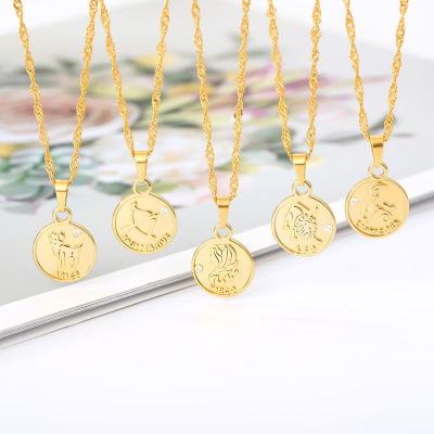 China Trendy Fashion 18K Gold Plated Jewelry Coin Shape 12 Zodiac Sign Necklace Pendant Chain For Women for sale