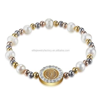 China Elegant Gold Stainless Steel Beads Rose Gold Freshwater Pearl Beads Bracelet With Rhinestone for sale