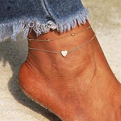 China TRENDY Women Heart Silver Anklet Beaded Tasty Foot Jewelry For Women And Girls Teen Summer Barefoot Beach Layered Anklets for sale