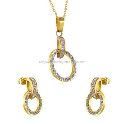 China Stainless Steel Elite Jewelry 18K Gold Plated Dubai Earring Necklace Pendant Jewelry Set With Shiny Rhinestone for sale