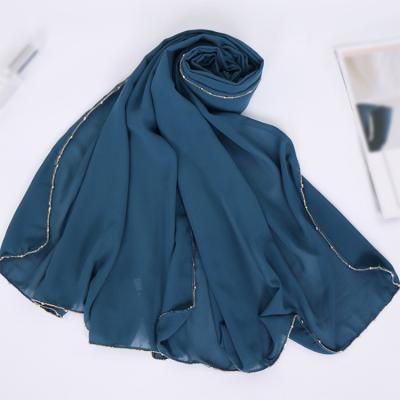 China Wholesale Women Luxury Muslim Scarf Chiffon Hijabs Women Head Wraps Chiffon Chained Chiffon Hijabs Headscarf Girls Gold Arab Islamic Muslim Bling Breathable for sale