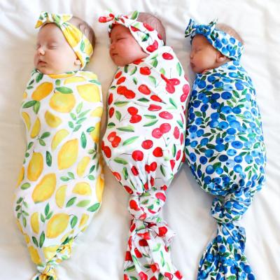 China Unisex Viable Newborns Baby Fruit Print Receiving Wrap Wrap Blanket Bow Headband Set Infants Sleeping Bag Shower Gift for sale