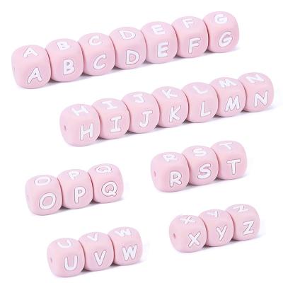 China For Baby Teething Bracelet Bpa Free Silicone Baby Cube Pink 26 Chewable Alphabet Beads For Baby Bracelet Making for sale