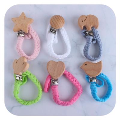 China Baby Products Feeding Macrame Wooden Animal Pacifier Clip Handmade Braided Pacifier Chain Baby Teether Toy for sale