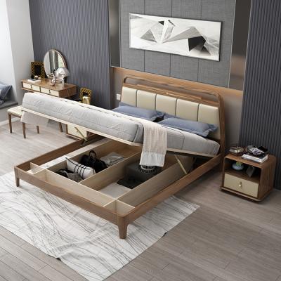 China Modern Storage Ash Wood Pneumatic High Box Wooden Storage Double Bed Queen Size for sale