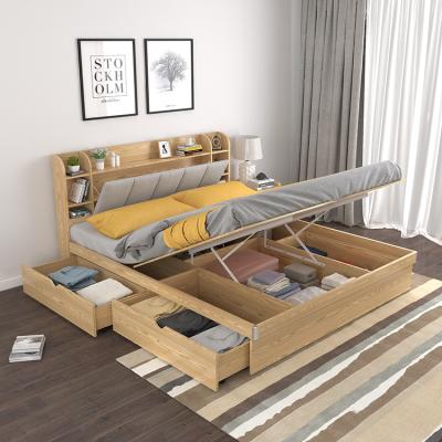 China Modern queen size wooden frame hydraulic lift storage bed with haeadboard and drawers wooden beds design bedroom furniture sets for sale