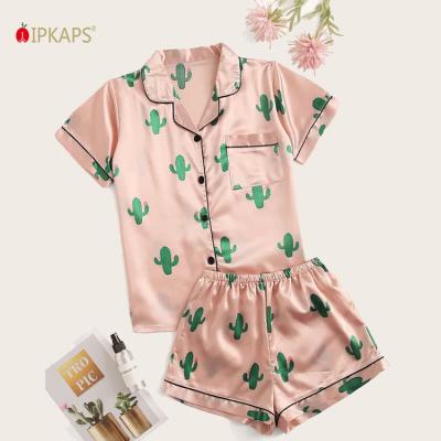 China High Quality Satin Pajamas Cardboard Cactus Printing Thermal Customized Women's Pajamas Two Pieces Short Set for sale