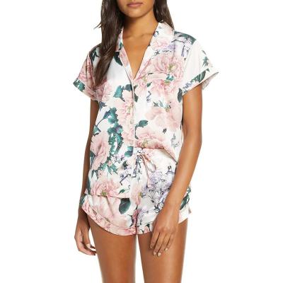 China Summer Breathable New Arrival Short Sleeve Pajamas Suits Lady Floral Satin Silky Sleepwear Set Pajamas Custom for sale