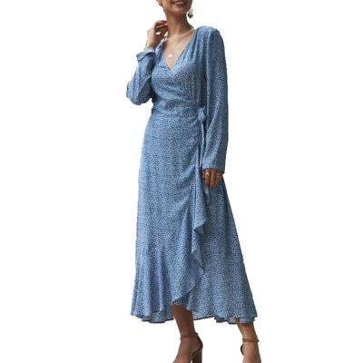 China 2020 Women Ladies Anti-Static Floral Print Custom Wrap Tied Long Sleeve Maxi Dress Casual Wholesale for sale