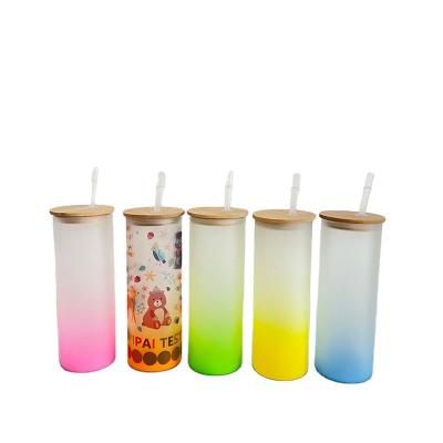 China Color Bamboo Straight Gradient Glass Mugs 25oz Slim Skinny Stocked Lid Tumbler For Blank Sublimation Transfer for sale