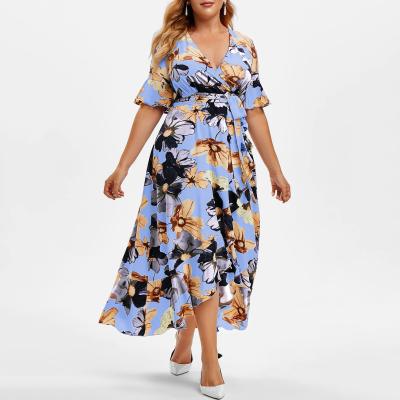 China Plus Size Women Formal Elegant Short Sleeve V Neck Floral Midi Dresses Wholesale for sale