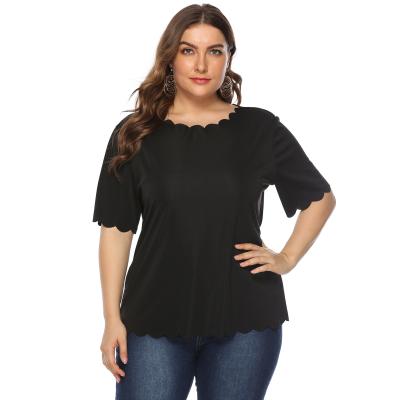 China Simple Women's Plus Size Wavy Edge Solid Color All Match T-shirt Casual Short Sleeved Top for sale