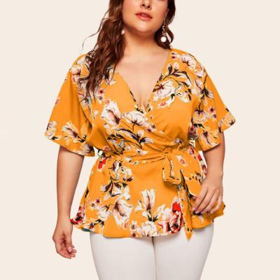 China Viable Women's Plus Size V-Neck Short Sleeve Printed Waist Tied Loose Chiffon Top for sale