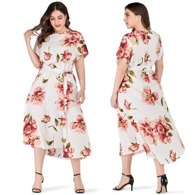 China Viable Plus Size Women Ladies Summer New Style Printed Short Sleeve Loose Midi Dress Long With Belt for sale