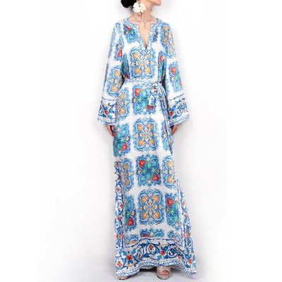 China Comfortable feel beach bohemian dress European and American women blue and white china party dress for sale