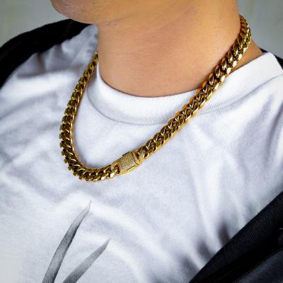 China Gold Plated Stainless CZ Stone 12mm Gold Cuban Chain For Necklace With Iced Out Clasp for sale