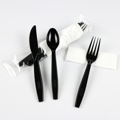 China Plastic Cutlery Set with Free Design Disposable Utensils Fork Knife Spoon and Napkin for sale