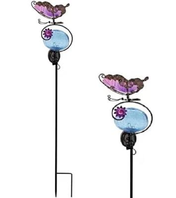 China FREE SAMPLE Outdoor Solar Lights Lamp Yard Garden Decor, Metal Butterfly Stakes with Blue Crack Glass Ball for Patio Yard Lawn Pathway for sale