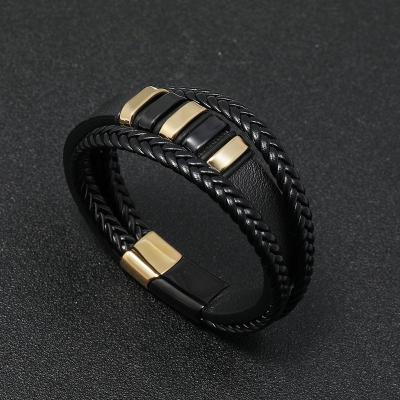 China Stainless Steel Leather Mens Cuff Bracelet Punk Brown Braided Leather Bracelet for sale