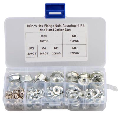 China 100pcs M3/4/5/6/8/10 Heavy Industry Carbon Steel Hexagon Flange Nut Set With White Zinc Plating for sale