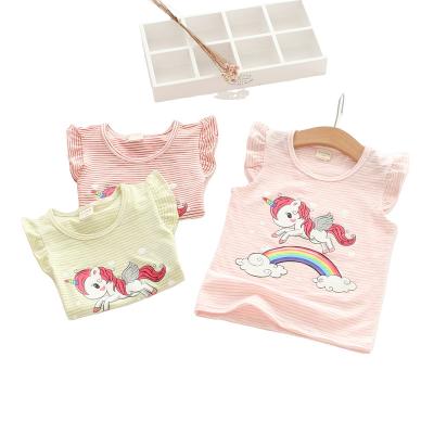 China Breathable Flying Striped Striped Short Sleeve Tops For Babies Summer Girls Summer Flying Sleeve T-shirt for sale