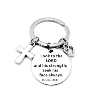 China Christian Bible Verses Stainless Steel Round Key Chain Accessories Unisex Cross Pendant Design for sale