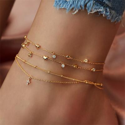 China Cute Gold Crystal Cross Beach Pendant Anklet FASHIONABLE INS Style Heart Bead Chains For Girl Summer Beach Jewelry for sale