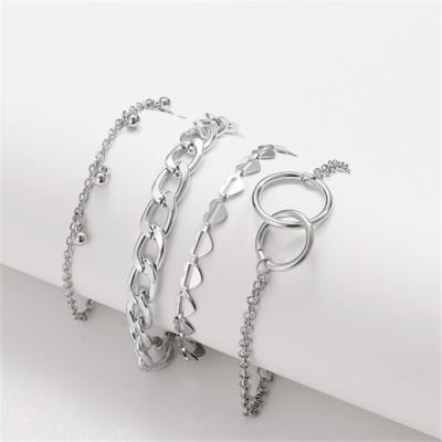 China 4Pcs Vintage Fashion Silver Multilayer Heart Beads Round-Round Cuban Bracelet For Women for sale