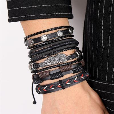 China 5Pcs Owl Leaves Stars Coin Multi Layer Leather Wrap Punk Bracelets For Men for sale