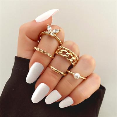 China Vintage Accessories Women's Crystal Butterfly Cuban Link Chain Jewelry 6pcs Gold Plated Pearl Rings For Women for sale