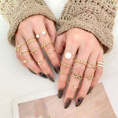 China Vintage Bohomia Pearl Open Ring Set Crystal Infinity Bow Twisted Chain Rings For Women for sale