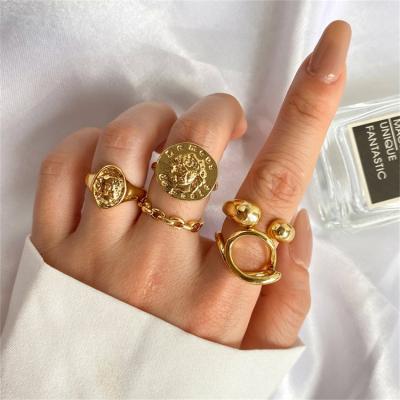 China Geometric Vintage Vintage Fashion Hiphop Punk Metal Coin Chain Rings For Women for sale