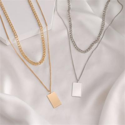 China Minimalist Hiphop Jewelry Layered Cuban Paper Clip Choker Square Pendant Necklace For Women for sale