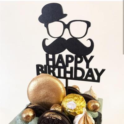 China Black Ins Style Hat Mustache Glass Happy Birthday Cake Toppers For Gents Birthday for sale